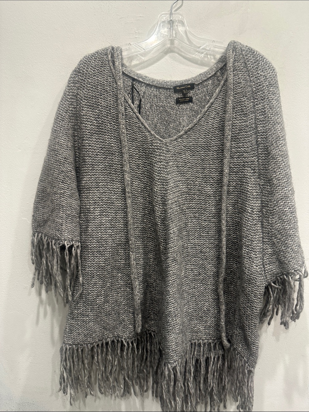Mossimo Dutti Grey V Neck fringe poncho knit Sweater Italian Yarn Sz small boho